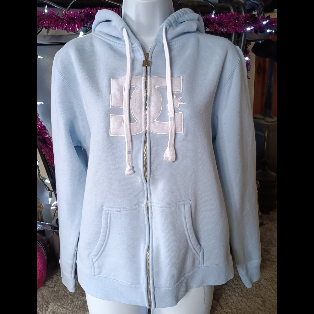 🩵 Y2K DC Shoes Hoodie Zip Up 2000's Vintage Medium Blue White Skate Sweatshirt